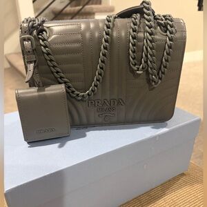 Prada Diagramme Grey Leather Bag w/ Chain Strap